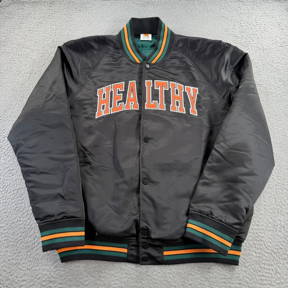 Larry June Midnight Organic Varsity Jacket Mens XL Black Bomber Snap